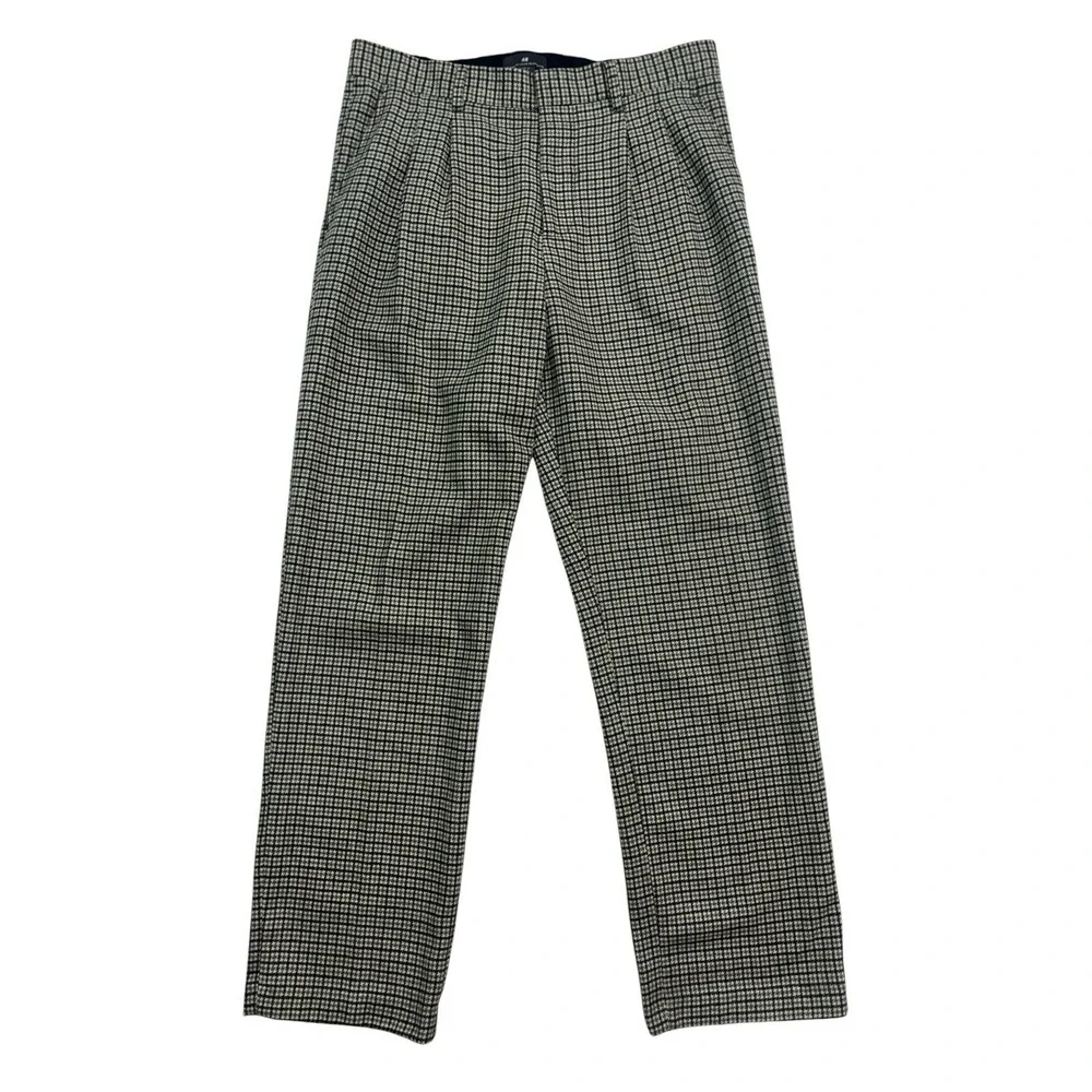 H&M 32x30 Green Brown‎ White Houndstooth Tweed Dress Pants Trouser Wool Pleated